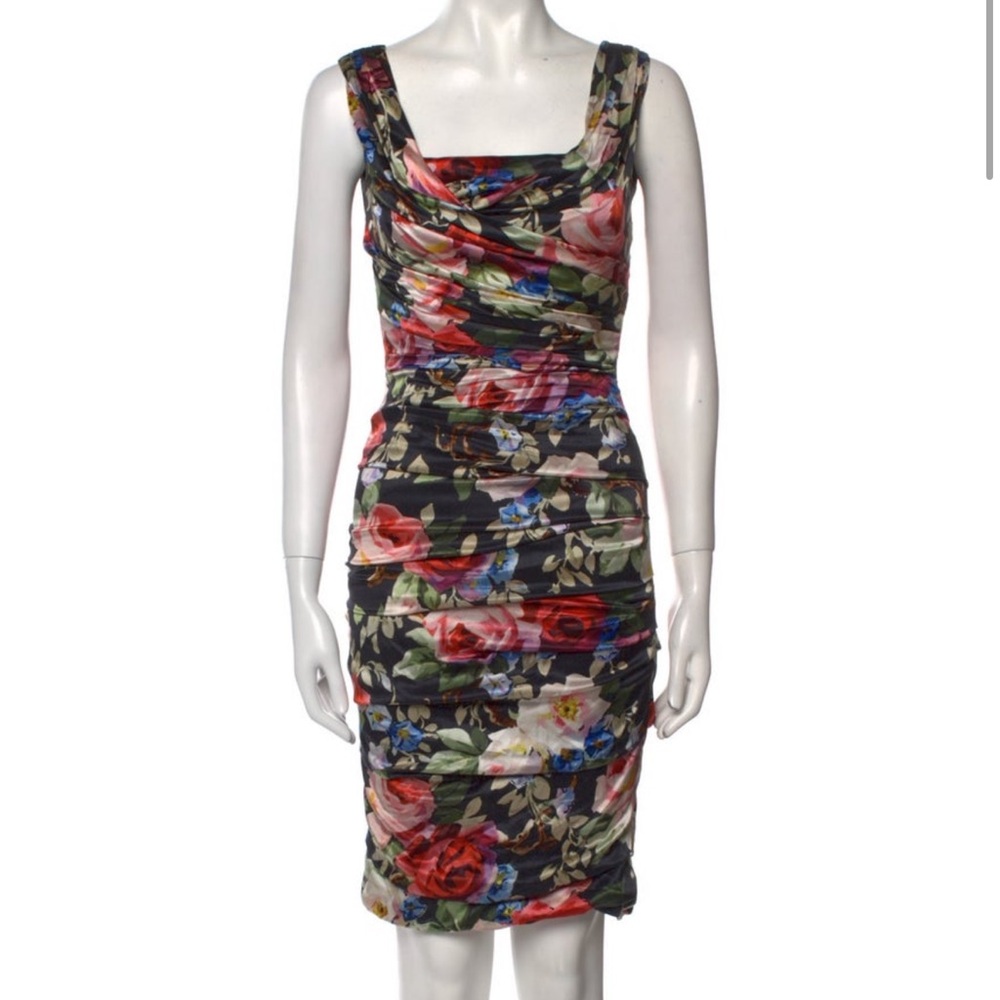 Dolce & Gabbana Black Floral Ruched Sheath Dress